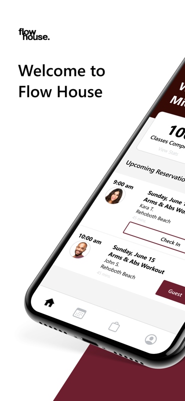 The Flow House app home screen showing upcoming reservations and classes completed.