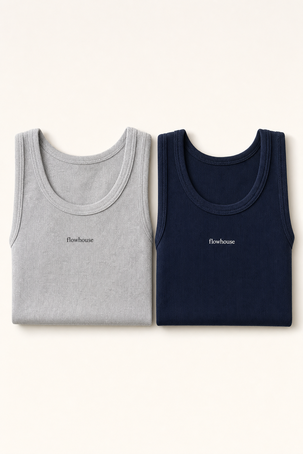 Two ribbed tank tops — heather gray and navy — flat lay.