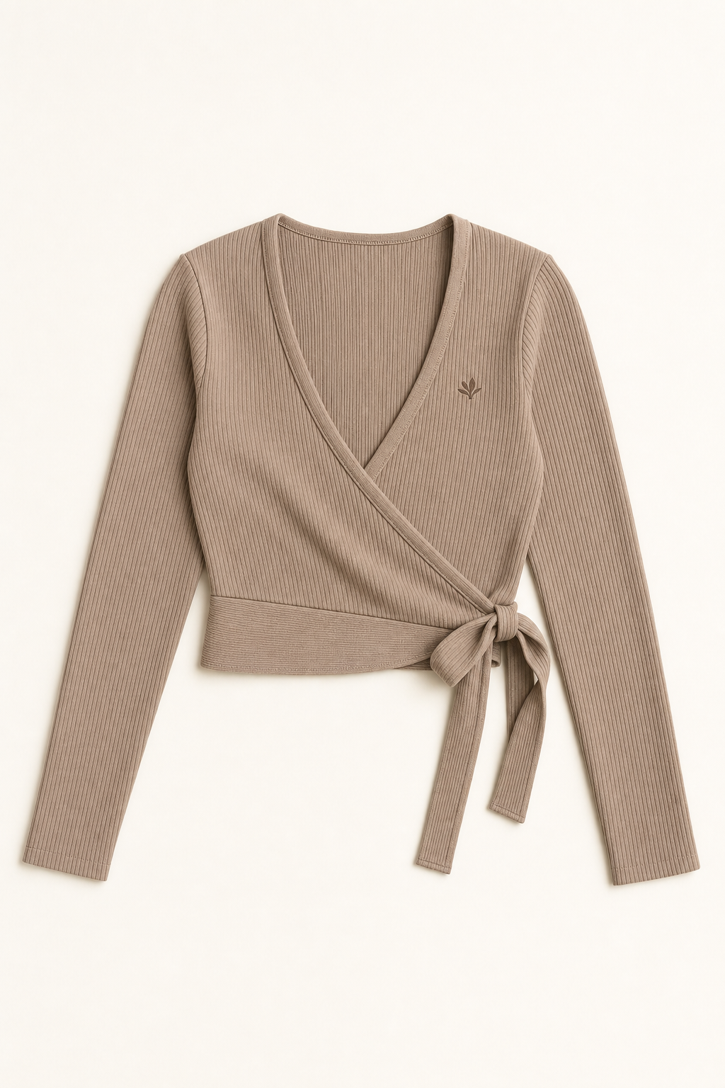 The Studio Wrap long-sleeve in taupe — flat lay product photograph.